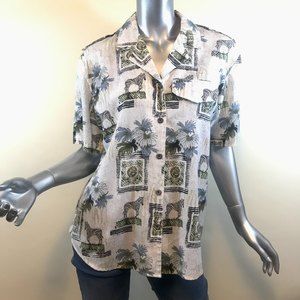 Tapestry Vintage USA Women's M Button Front Shirt Tropical Safari Lions Zebras